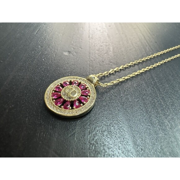 Christian Dior Stamped CD Authentic Magenta Crystals Medallion Necklace Chai - Picture 14 of 16